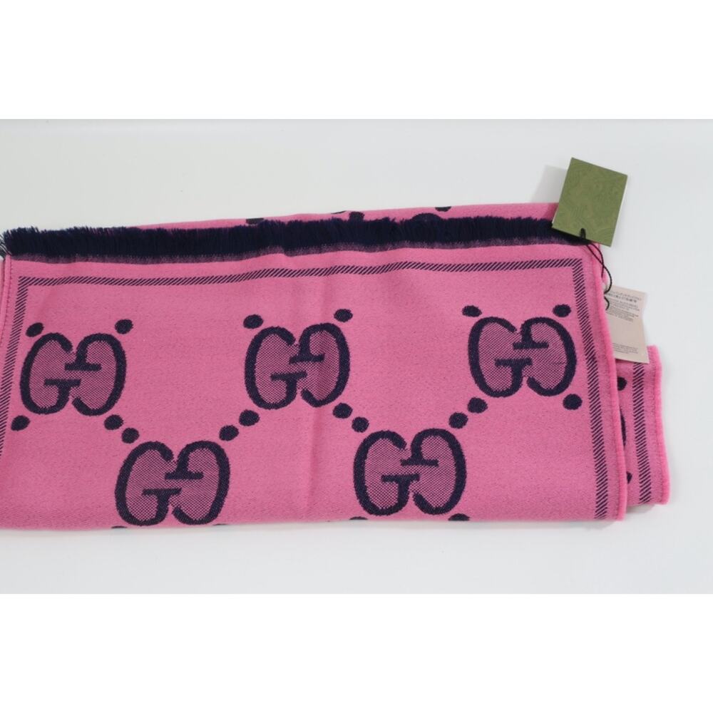 GUCCI Wool GG Monogram Scarf Salmon Pink Lady Nest Lux Designer Wrap Italy - Picture 6 of 16